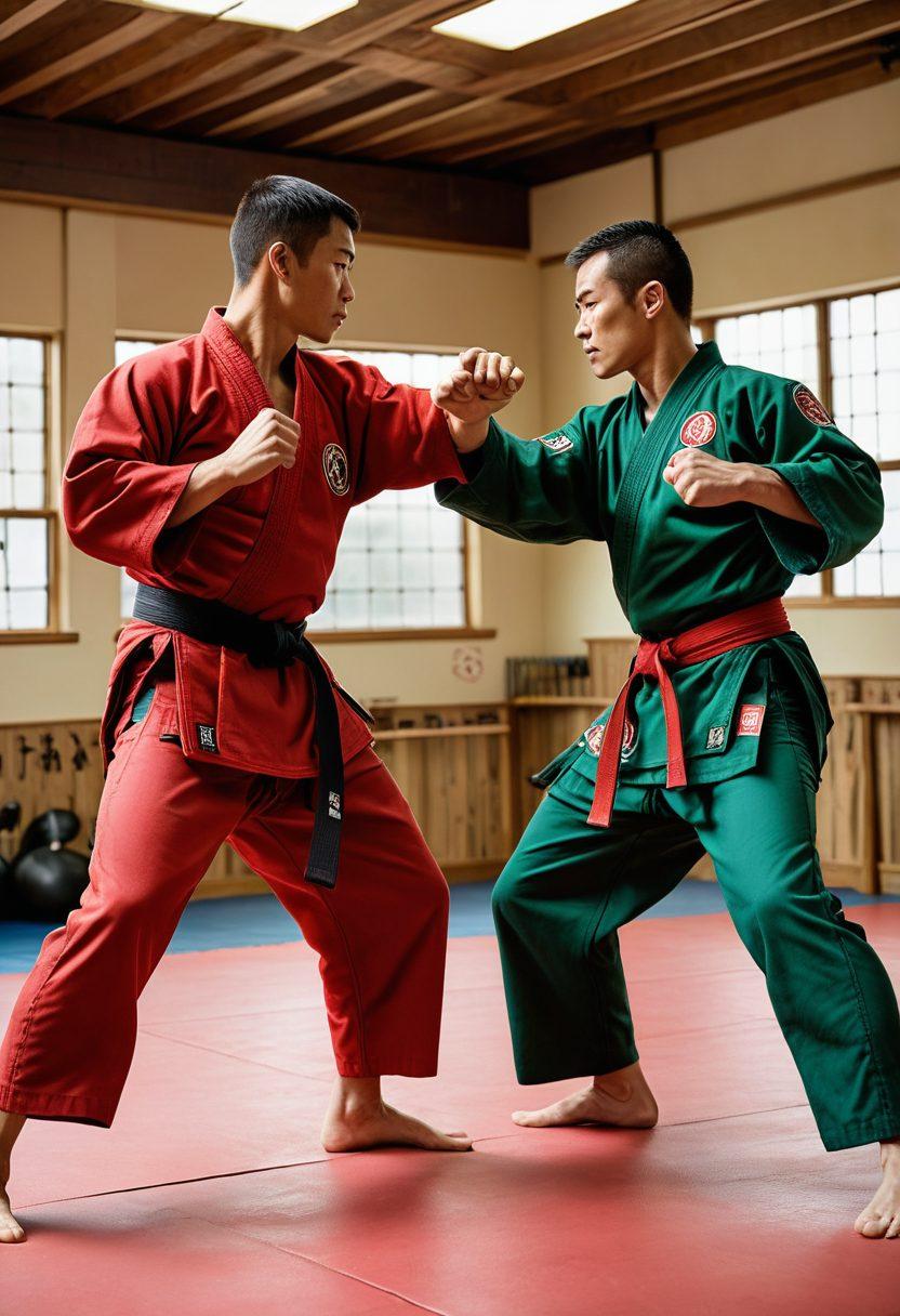 A dynamic sparring scene featuring diverse martial artists in action, showcasing various techniques in a well-lit dojo. In the background, inspirational quotes about personal safety and the philosophy of combat fill the walls. The atmosphere is energetic with a focus on determination and discipline. Highlight vibrant gi colors and motion blur for intensity. super-realistic. vibrant colors.