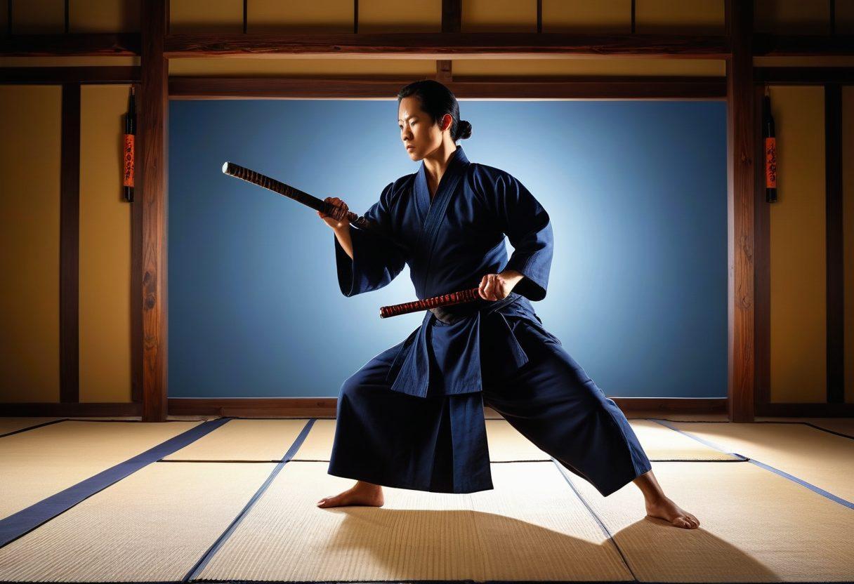 A powerful scene of a martial artist in a dynamic pose, surrounded by flowing energy waves symbolizing mastery and defense techniques. The backdrop features a serene dojo, with soft sunlight streaming in, casting dramatic shadows. Include elements like ancient scrolls and traditional martial arts weapons subtly in the scene to enhance the theme. super-realistic. vibrant colors. high contrast.
