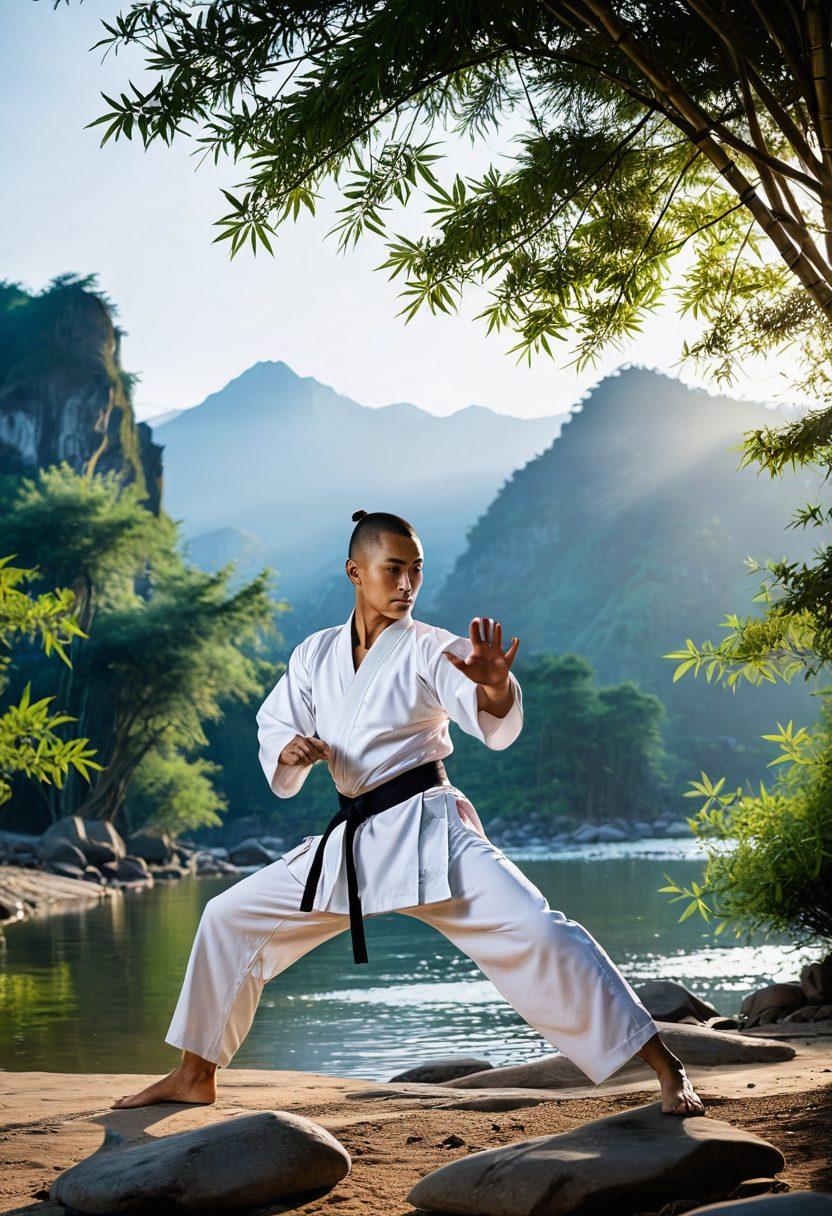 A dynamic scene depicting a karate practitioner in a traditional dojo transitioning into a kung fu practitioner amidst a serene outdoor setting with bamboo trees and mountains in the background. The two martial artists are in mid-action poses showcasing their respective styles, with a gradient sky transitioning from dawn to dusk. Include subtle elements that symbolize peace and discipline, such as a flowing river and calm, meditative stones. vibrant colors. super-realistic.